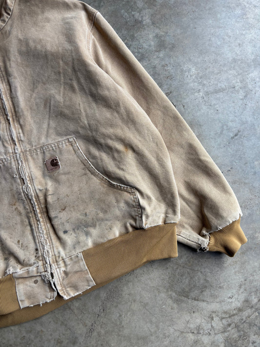 Tan Carhartt Faded and Distressed Hooded Jacket - XL